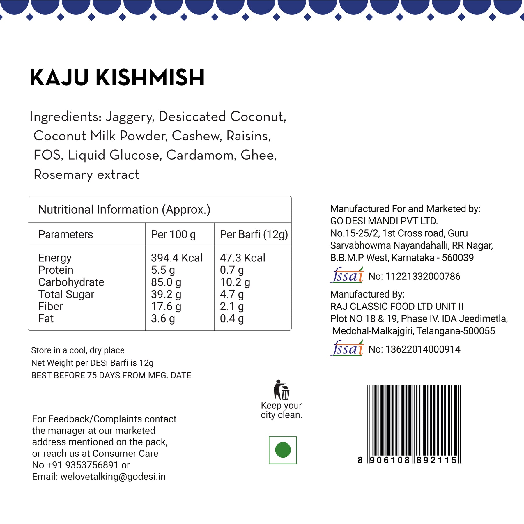 Kaju Kishmish Barfi | 420 Gms | Coconut & Jaggery