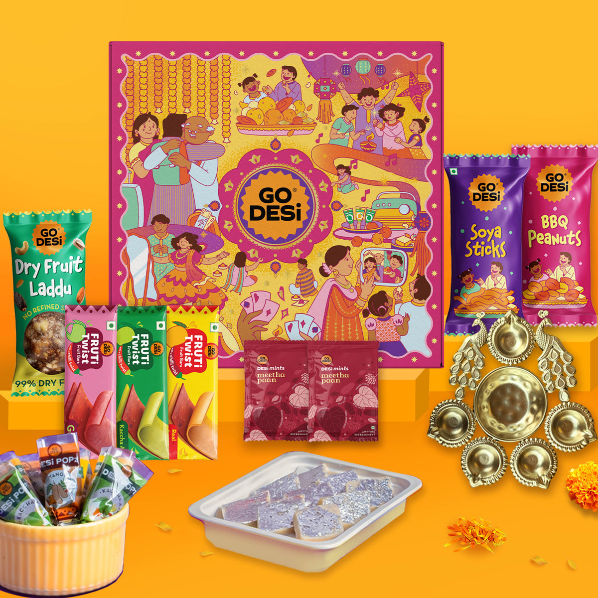 22 Items | Premium Diwali Gift Box | By GO DESi | Peacock Diya | Barbeque Peanuts | Soya Sticks | Kaju Katli | Dry Fruit Laddoo |  DESi POPz: Tangy Imli, Real Aam, Kaccha Aam | Meetha Paan | Fruti Twist: Real Aam, Kaccha Aam, Guava