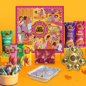 22 Items | Premium Diwali Gift Box | By GO DESi | Peacock Diya | Barbeque Peanuts | Soya Sticks | Kaju Katli | Dry Fruit Laddoo |  DESi POPz: Tangy Imli, Real Aam, Kaccha Aam | Meetha Paan | Fruti Twist: Real Aam, Kaccha Aam, Guava