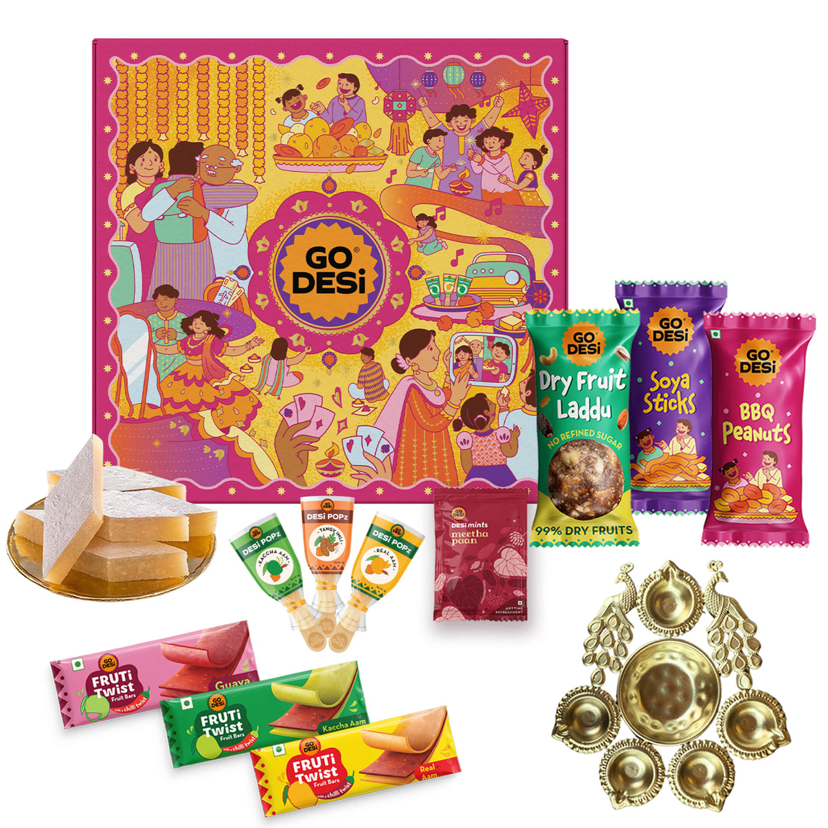 22 Items | Premium Diwali Gift Box | By GO DESi | Peacock Diya | Barbeque Peanuts | Soya Sticks | Kaju Katli | Dry Fruit Laddoo |  DESi POPz: Tangy Imli, Real Aam, Kaccha Aam | Meetha Paan | Fruti Twist: Real Aam, Kaccha Aam, Guava