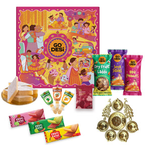 22 Items | Premium Diwali Gift Box | By GO DESi | Peacock Diya | Barbeque Peanuts | Soya Sticks | Kaju Katli | Dry Fruit Laddoo |  DESi POPz: Tangy Imli, Real Aam, Kaccha Aam | Meetha Paan | Fruti Twist: Real Aam, Kaccha Aam, Guava