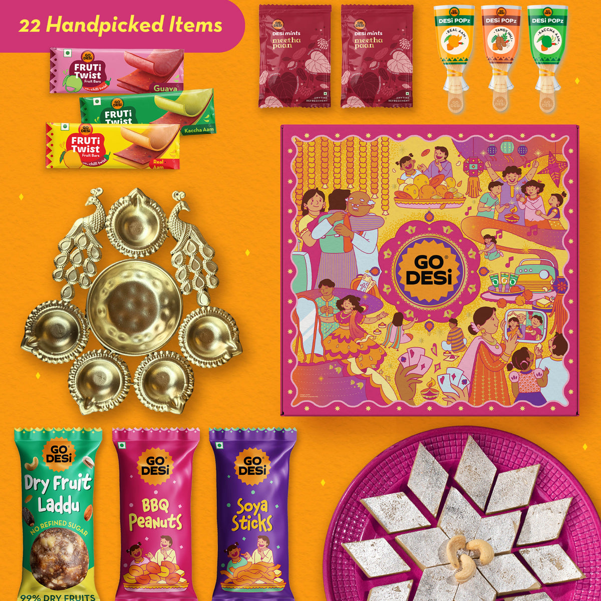 22 Items | Premium Diwali Gift Box | By GO DESi | Peacock Diya | Barbeque Peanuts | Soya Sticks | Kaju Katli | Dry Fruit Laddoo |  DESi POPz: Tangy Imli, Real Aam, Kaccha Aam | Meetha Paan | Fruti Twist: Real Aam, Kaccha Aam, Guava