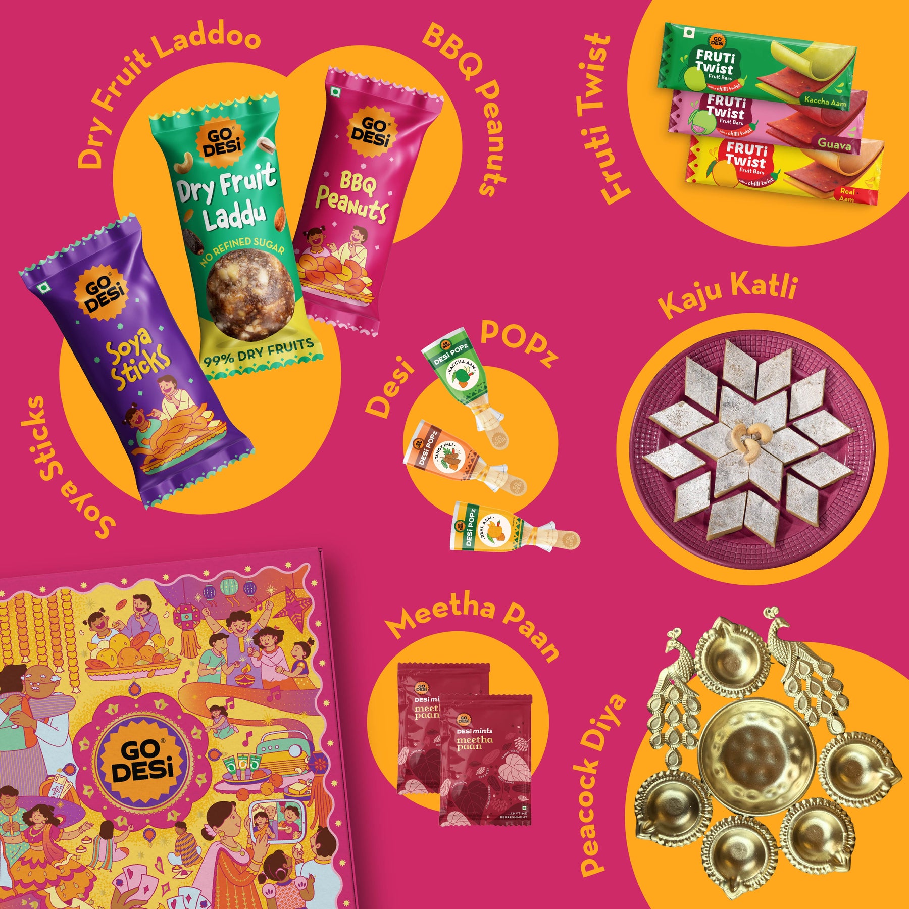 22 Items | Premium Diwali Gift Box | By GO DESi | Peacock Diya | Barbeque Peanuts | Soya Sticks | Kaju Katli | Dry Fruit Laddoo |  DESi POPz: Tangy Imli, Real Aam, Kaccha Aam | Meetha Paan | Fruti Twist: Real Aam, Kaccha Aam, Guava