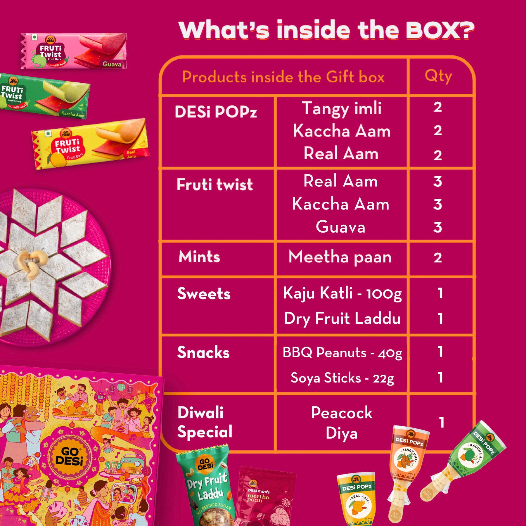 22 Items | Premium Diwali Gift Box | By GO DESi | Peacock Diya | Barbeque Peanuts | Soya Sticks | Kaju Katli | Dry Fruit Laddoo |  DESi POPz: Tangy Imli, Real Aam, Kaccha Aam | Meetha Paan | Fruti Twist: Real Aam, Kaccha Aam, Guava