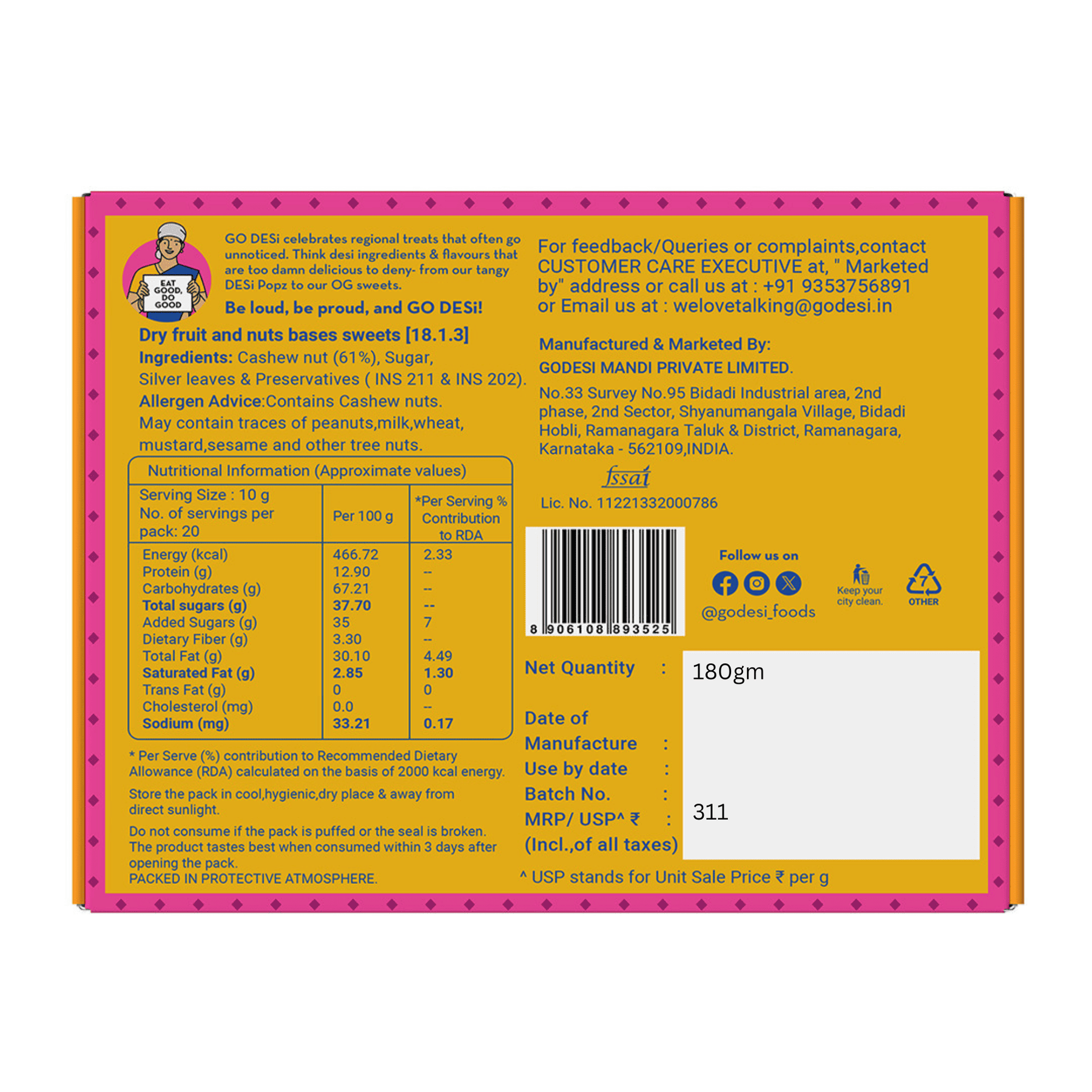 Premium Kaju Katli | 61% Cashews- Desi Meetha | Classic Sweets | Rich Indian Mithai - 180g