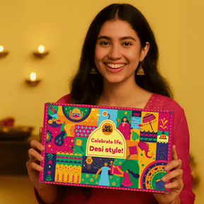 17 Items | DESi Fun Diwali Gift Box | By GO DESi | Diwali Diya Set | Toran | Kaju Katli | DESi POPz: Tangy Imli, Real Aam, Kaccha Aam | Badam Coconut Barfi | Kaju Kishmish Coconut Barfi | Meetha Paan | Fruti Twist: Real Aam, Kaccha Aam, Guava
