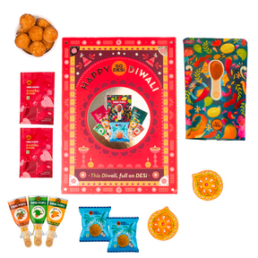 12 Items | Shubh Diwali Gift Box | By GO DESi | Diwali Diya Set | Coconut Laddu | DESi POPz: Tangy Imli, Real Aam, Kaccha Aam | Meetha Paan