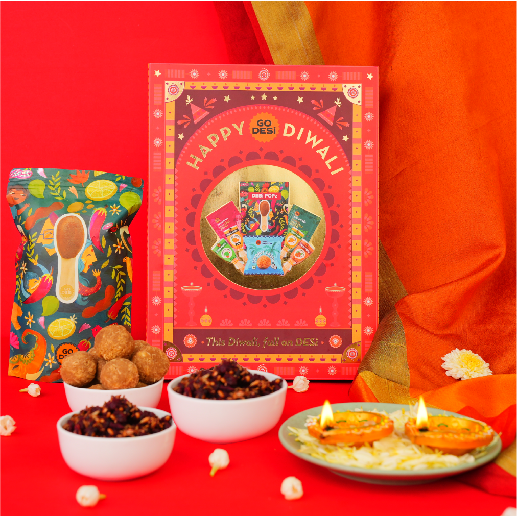 12 Items | Shubh Diwali Gift Box | By GO DESi | Diwali Diya Set | Coconut Laddu | DESi POPz: Tangy Imli, Real Aam, Kaccha Aam | Meetha Paan