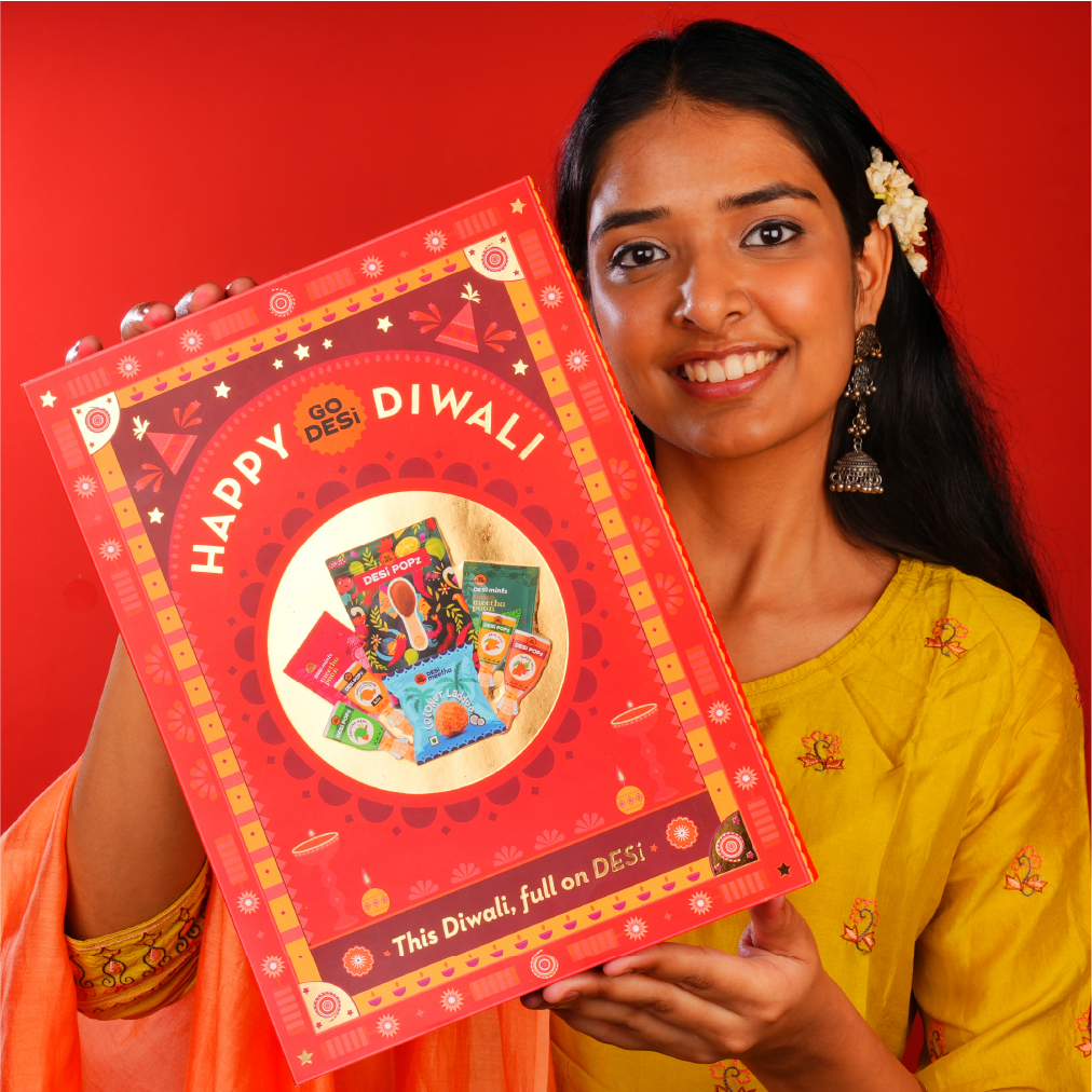 12 Items | Shubh Diwali Gift Box | By GO DESi | Diwali Diya Set | Coconut Laddu | DESi POPz: Tangy Imli, Real Aam, Kaccha Aam | Meetha Paan