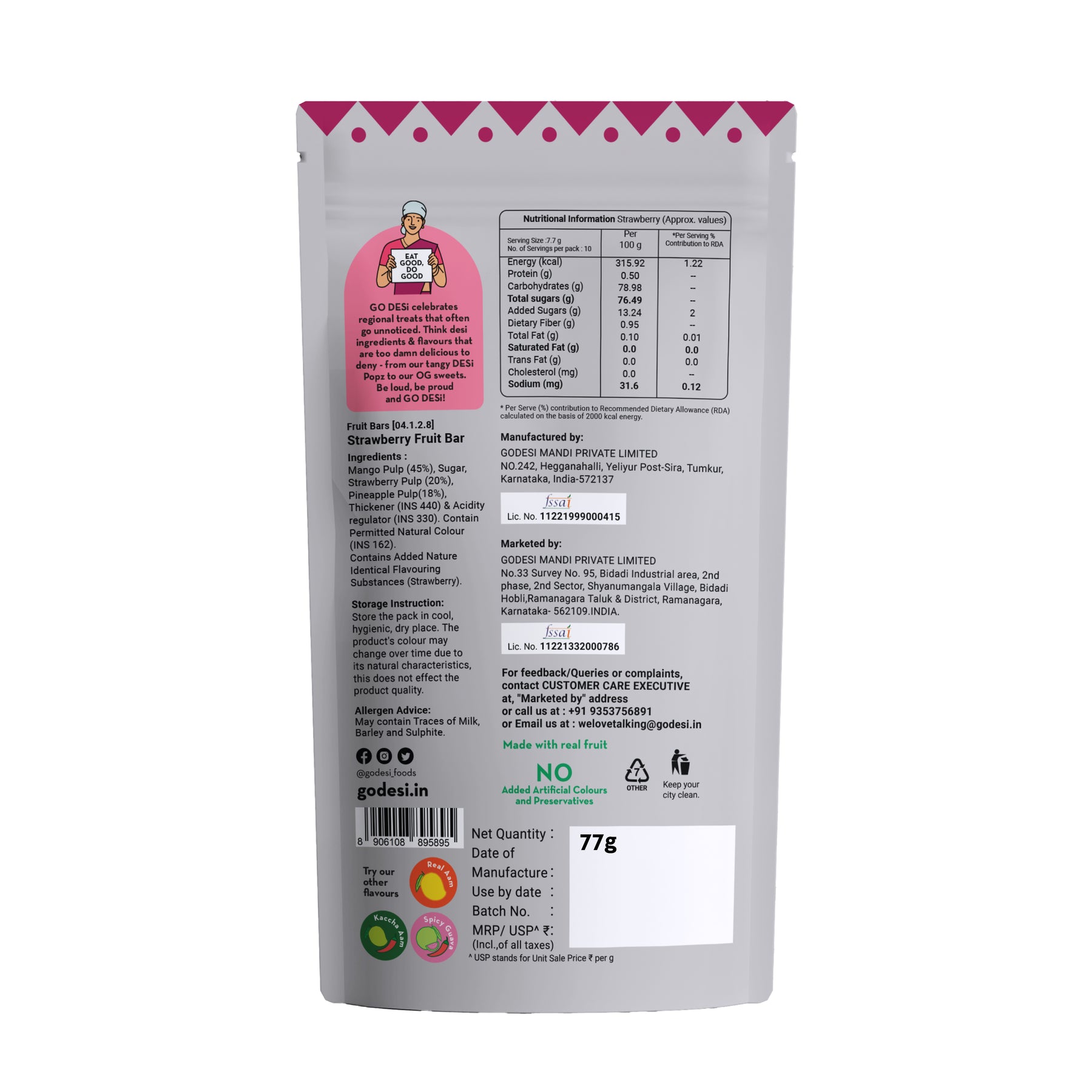 Strawberry Fruit Bar | 83% Fruit Pulp | Pack of 10