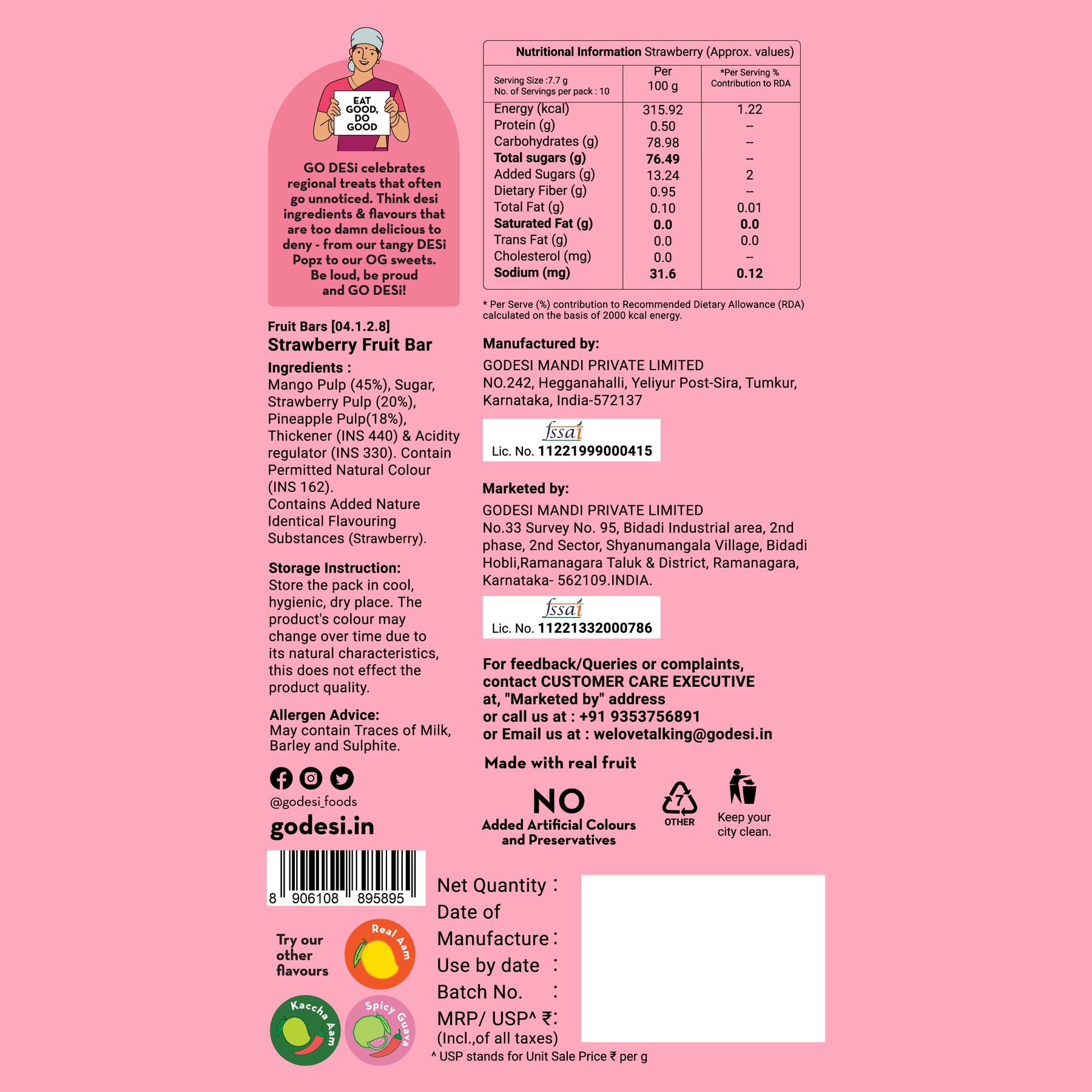 Strawberry Fruit Bar | 83% Fruit Pulp | Pack of 10
