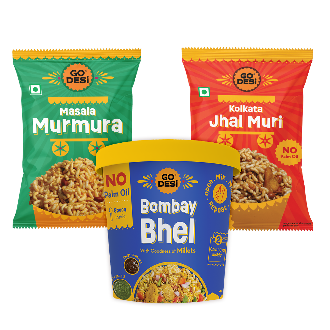 GO DESi - Street Snacks Combo | Kolkata Jhalmuri, Bombay Bhel & Garlic Masala Murmura | Pack of 3 | No Palm Oil | Indian Snacks | Street Food