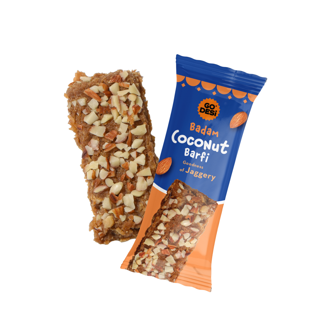 GO DESi - Badam Coconut Barfi | Dry Fruits Sweet | Almond Nuts Bar | Indian Mithai | Sweets Gift Pack | No Added Sugar | Pack of 6 | 12 grams each