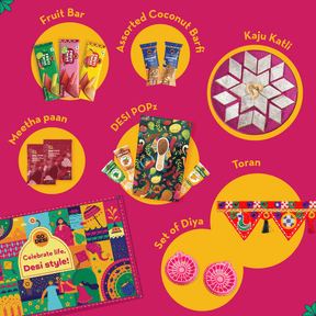 17 Items | DESi Fun Diwali Gift Box | By GO DESi | Diwali Diya Set | Toran | Kaju Katli | DESi POPz: Tangy Imli, Real Aam, Kaccha Aam | Badam Coconut Barfi | Kaju Kishmish Coconut Barfi | Meetha Paan | Fruti Twist: Real Aam, Kaccha Aam, Guava