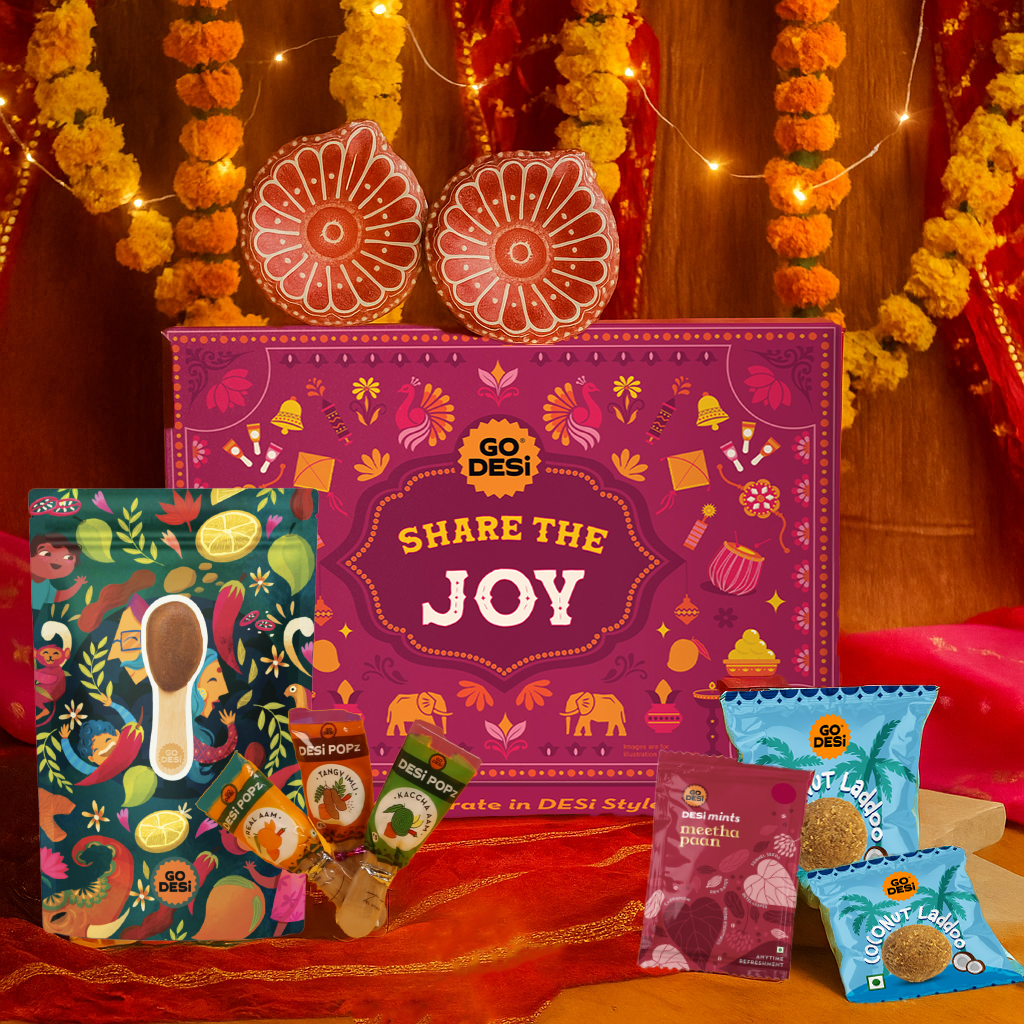 12 Items | Share the Joy Diwali Gift Box | By GO DESi | Diwali Diya Set | Coconut Laddu | DESi POPz: Tangy Imli, Real Aam, Kaccha Aam | Meetha Paan