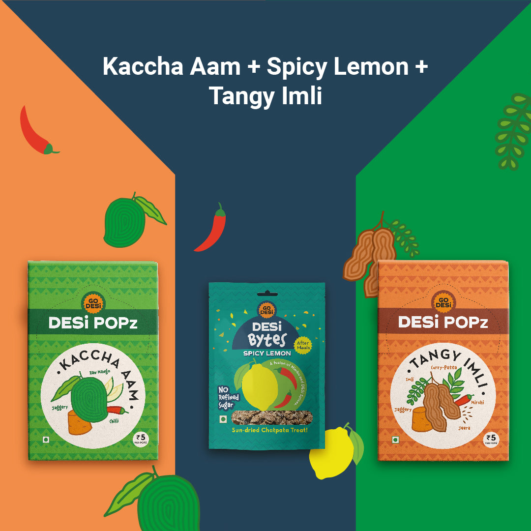 Khatta Spicy Combo | (Imli+ Kaacha Aam) Popz + Lemon Bytes | Jaggery based | 500 gms